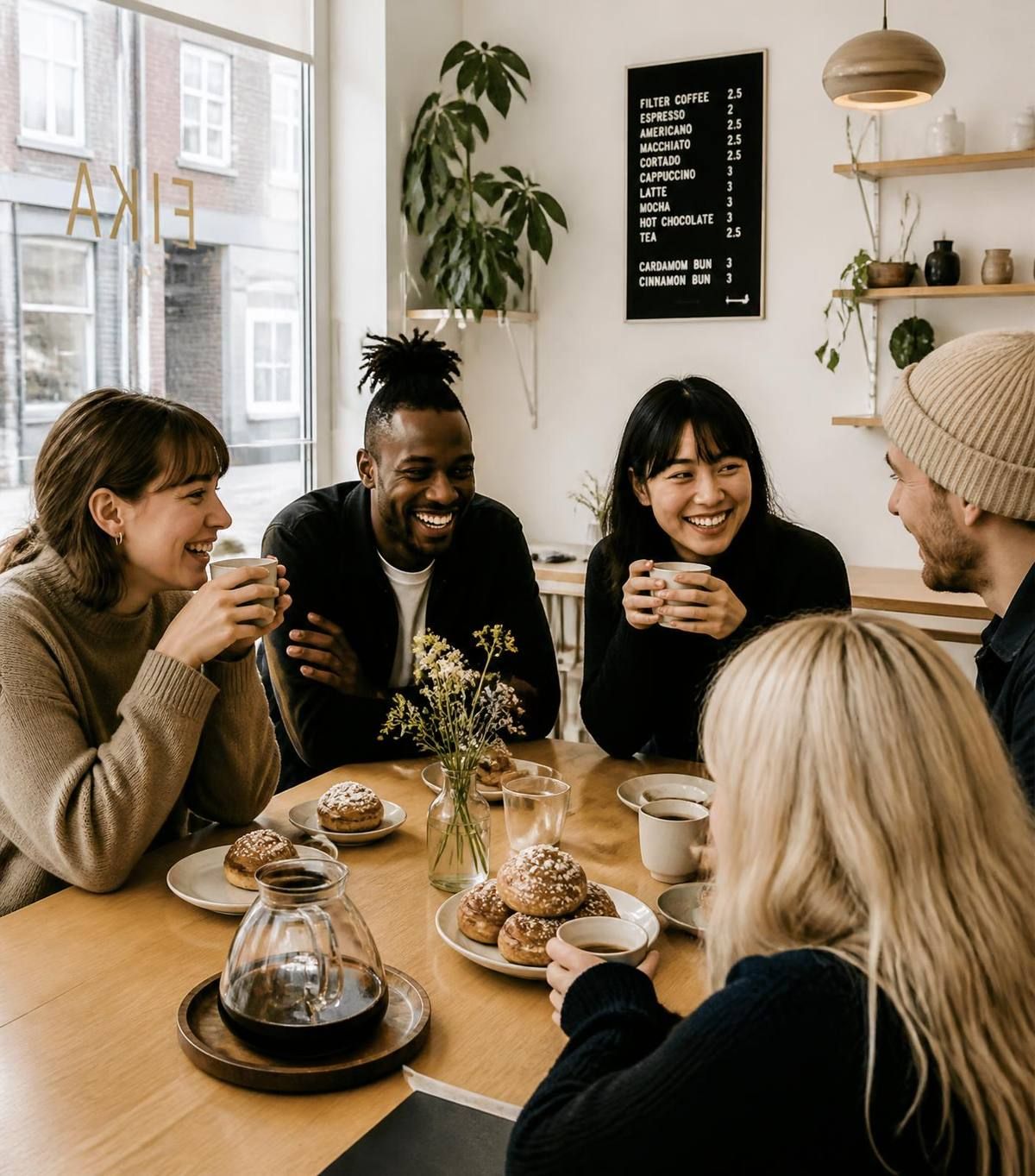 Friends sharing coffee and cinnamon buns at a Scandinavian café in East London