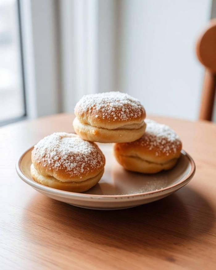 Swedish semla buns dusted with icing sugar on a plate in a London café